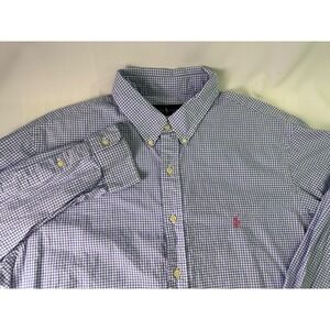 Ralph Lauren Mens Blue Gingham Check Button Down Shirt Pink Pony Logo Size 18 46